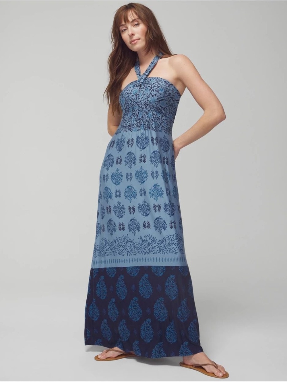 NWT Soma Soft Jersey Halter Maxi Bra Dress – Bella Stamp Border Blue - Size L